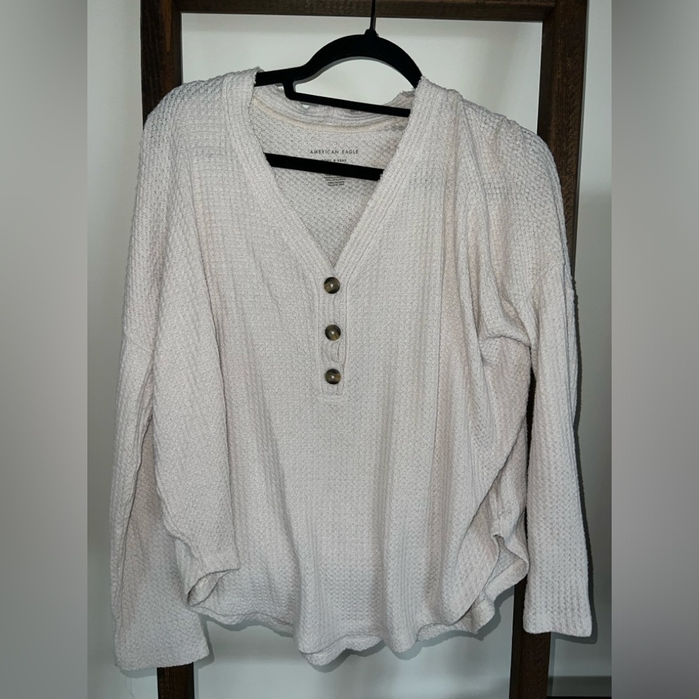 American Eagle Cream Soft & Sexy Waffle Knit Top